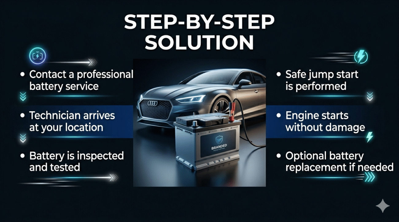 Step-by-step solution for car battery dead showing professional service, inspection, jump start, and battery replacement in a clean automotive infographic with central car image and bullet points.