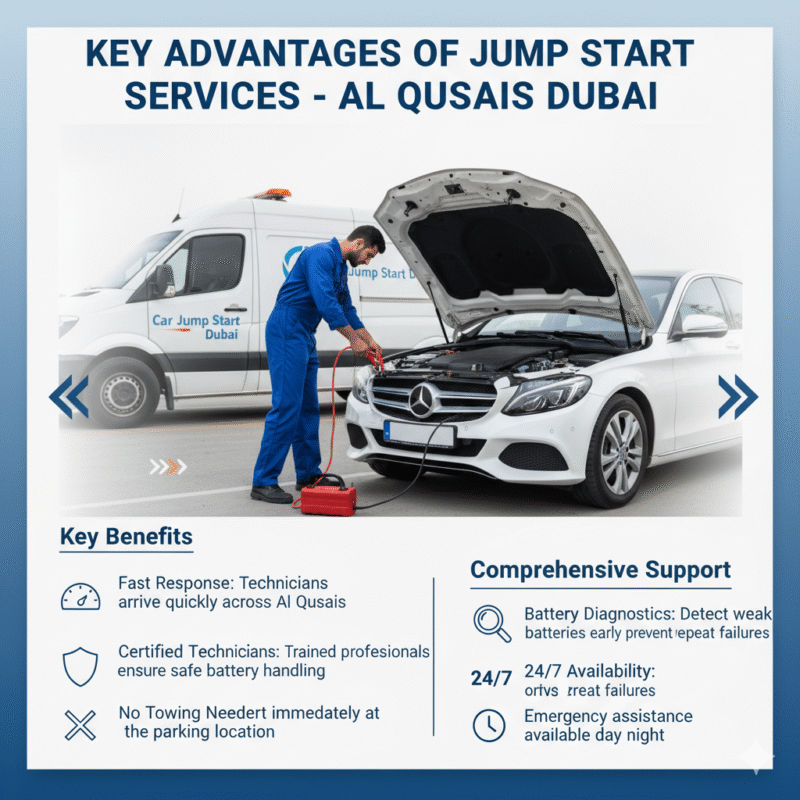 Key advantages of car jump start services in Al Qusais Dubai, showing fast response, certified technicians, no towing, battery diagnostics, and 24/7 emergency availability.