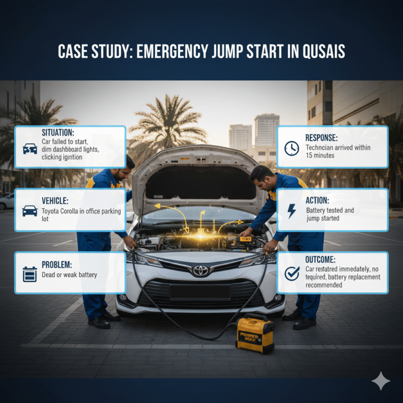Infographic showing a case study of emergency jump start in Qusais with a Toyota Corolla, technician performing a jump start, and side points illustrating situation, response, and outcome.