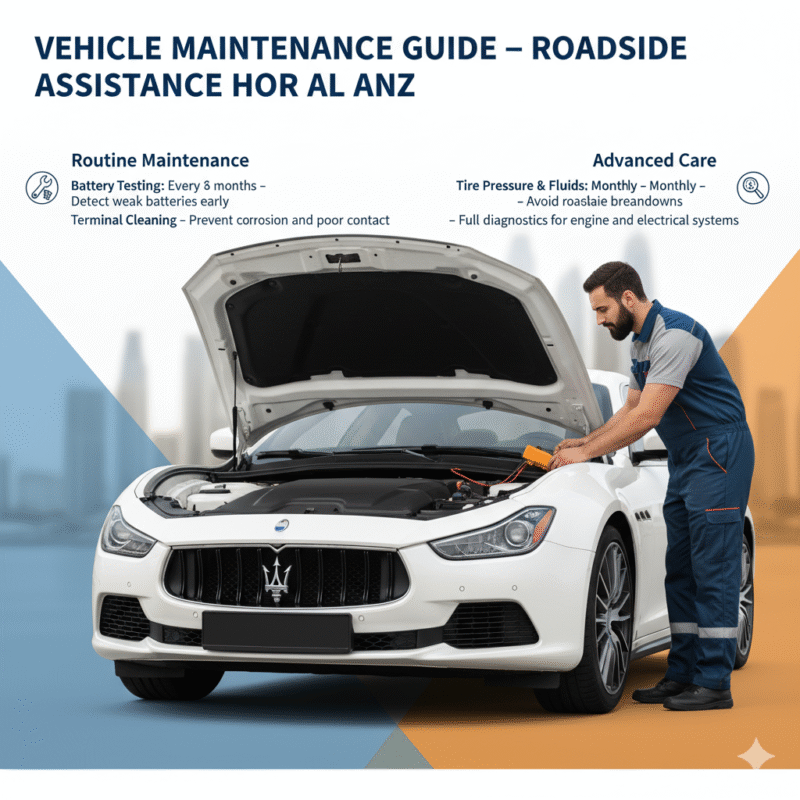 “Vehicle maintenance guide for roadside assistance in Hor Al Anz Dubai showing battery testing, terminal cleaning, tire pressure and fluids, and professional inspection with technician and premium car in center.”