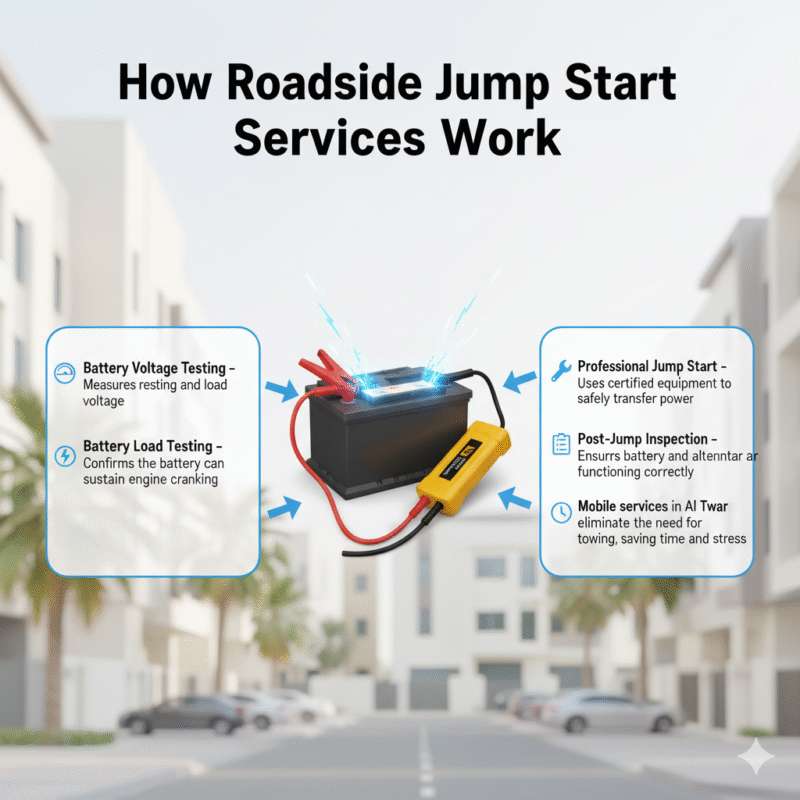 Animated infographic showing a branded car battery and jump starter in the center, key steps of roadside jump start services displayed on left and right sides, title on top.