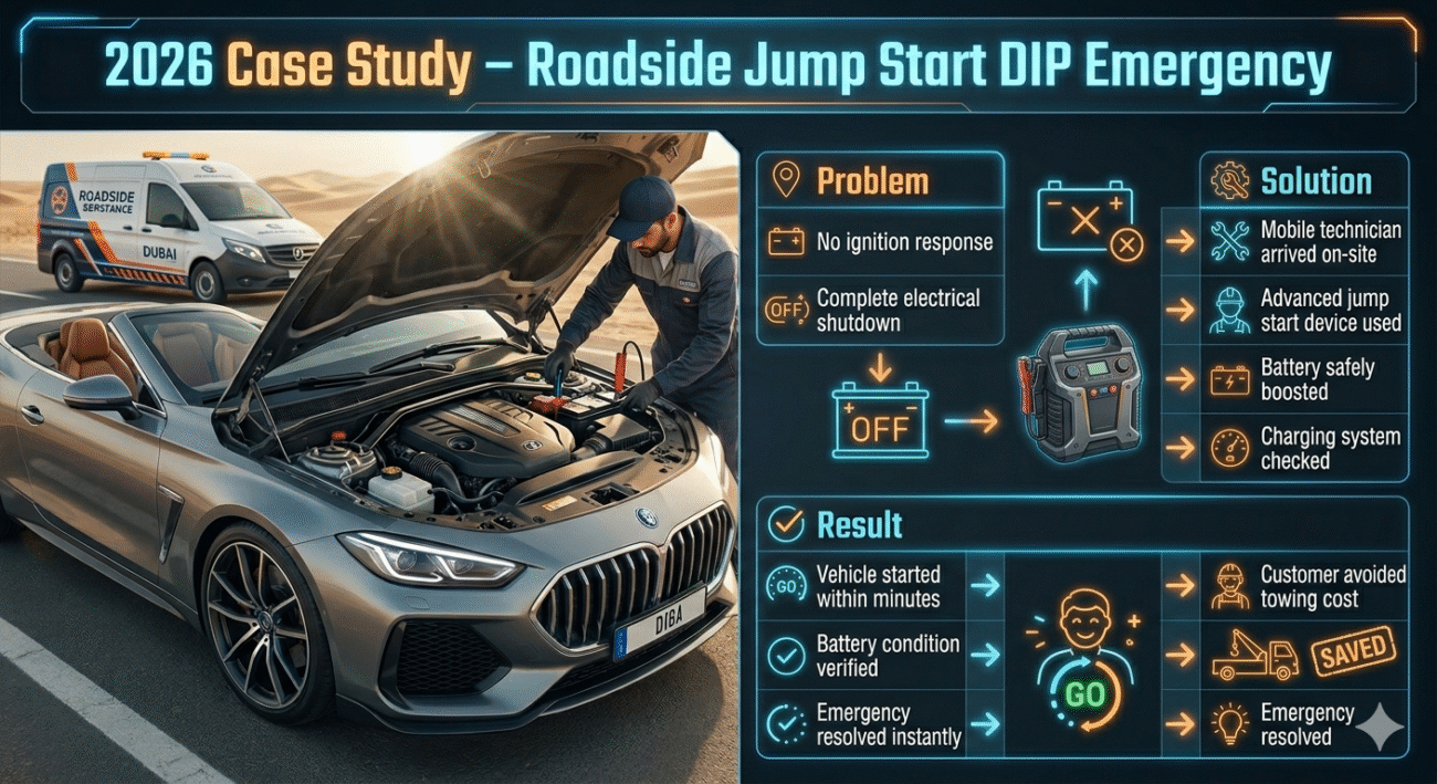 Infographic showing real case study of roadside jump start in Dubai Investment Park with problem, solution, and result breakdown.