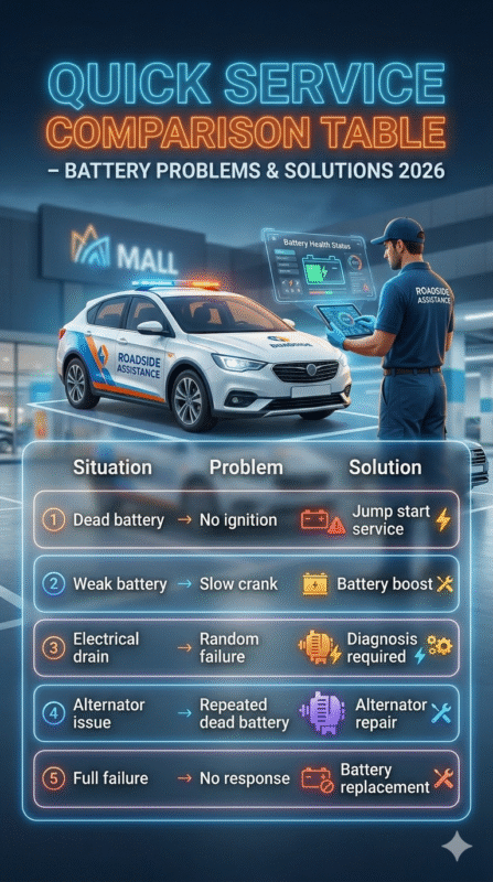 Infographic showing quick comparison table of car battery problems and solutions including dead battery, weak battery, electrical drain, alternator issues, and full failure with corresponding fixes.
