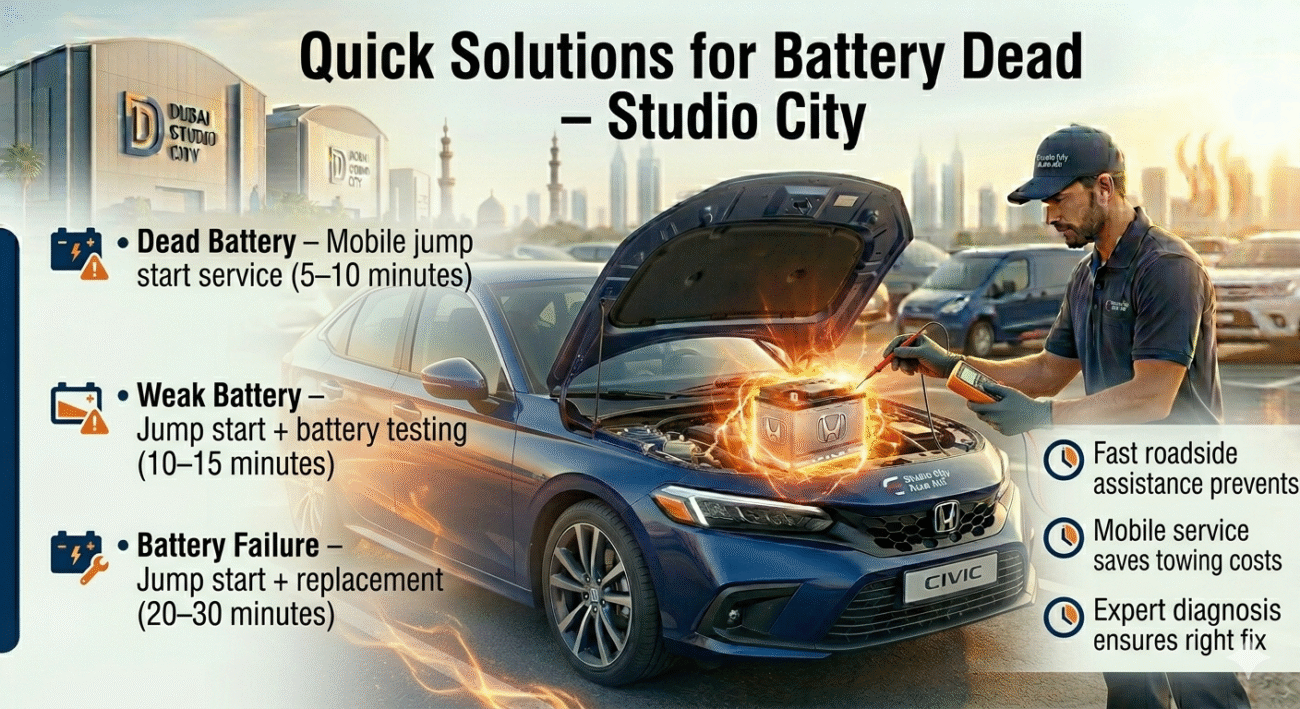 "Quick solutions for battery dead in Studio City showing a glowing battery being jump-started by a technician, with side bullet points for dead, weak, and failed battery solutions and estimated service times."