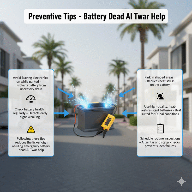 Animated infographic showing preventive tips for battery dead help in Al Twar, Dubai, with a branded car battery and jump starter in the center, key tips displayed on left and right sides, title on top.