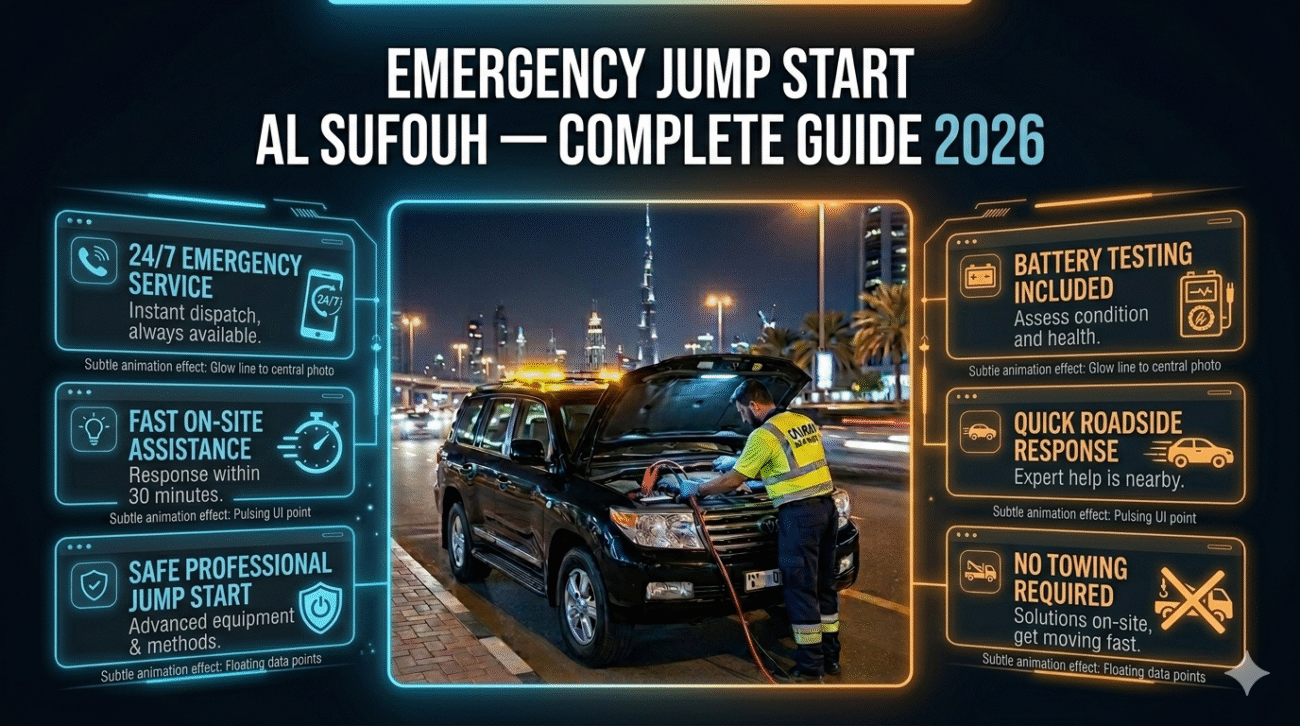User guide infographic showing emergency car jump start service in Al Sufouh with a central roadside assistance image and key service features displayed on both sides.