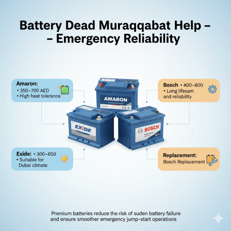 "Battery Dead Muraqqabat Help infographic showing title on top, recommended premium battery brands (Amaron, Bosch, Exide) with prices and performance notes on sides, and battery images in the center with animated infographic style."