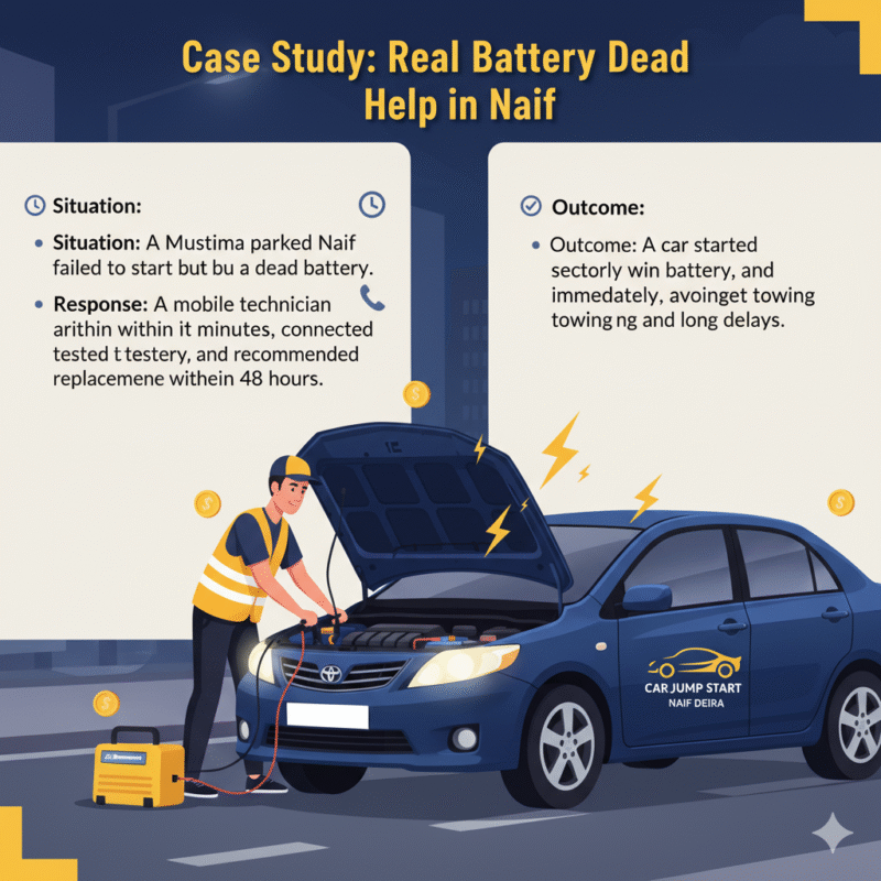 "User guide image showing a case study of Battery Dead Naif Help with a technician jump starting a Nissan Altima and key case study points listed on the sides."