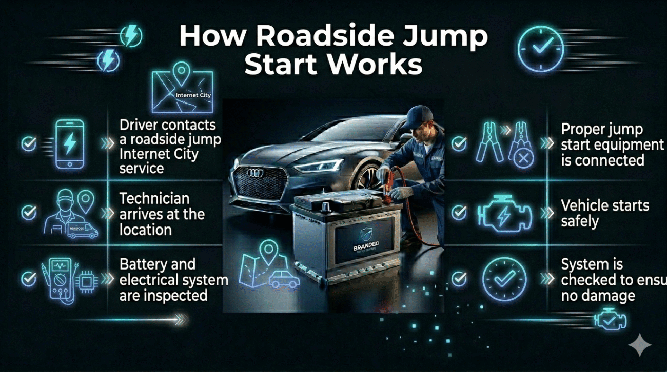 How roadside jump start works in Internet City showing step-by-step process including technician arrival, battery inspection, and safe jump start in a clean infographic design.