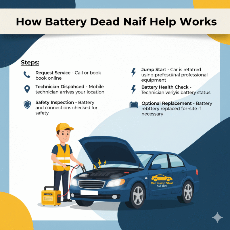 "User guide image showing how Battery Dead Naif Help works with a technician jump starting a car in the center and key service steps listed on the sides."