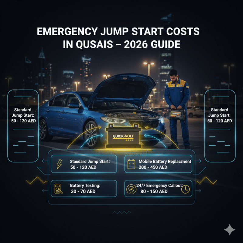 Infographic showing emergency jump start service costs in Qusais with a car, technician, glowing battery, and cost breakdown table on the sides.