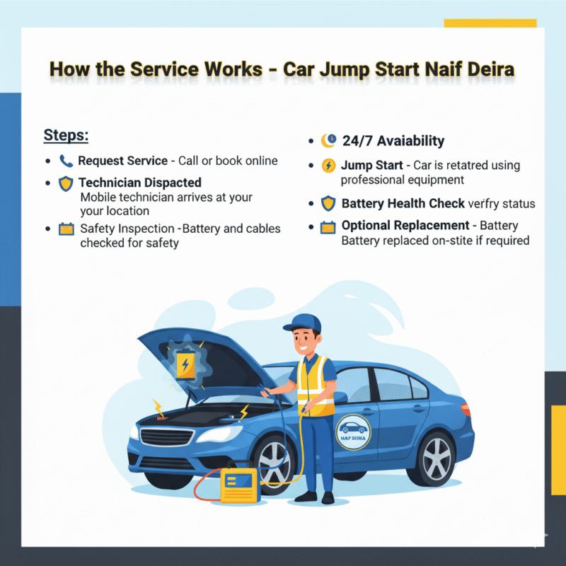 "User guide image showing Car Jump Start Naif Deira service workflow with a technician jump starting a car in the center and service steps displayed on the sides."