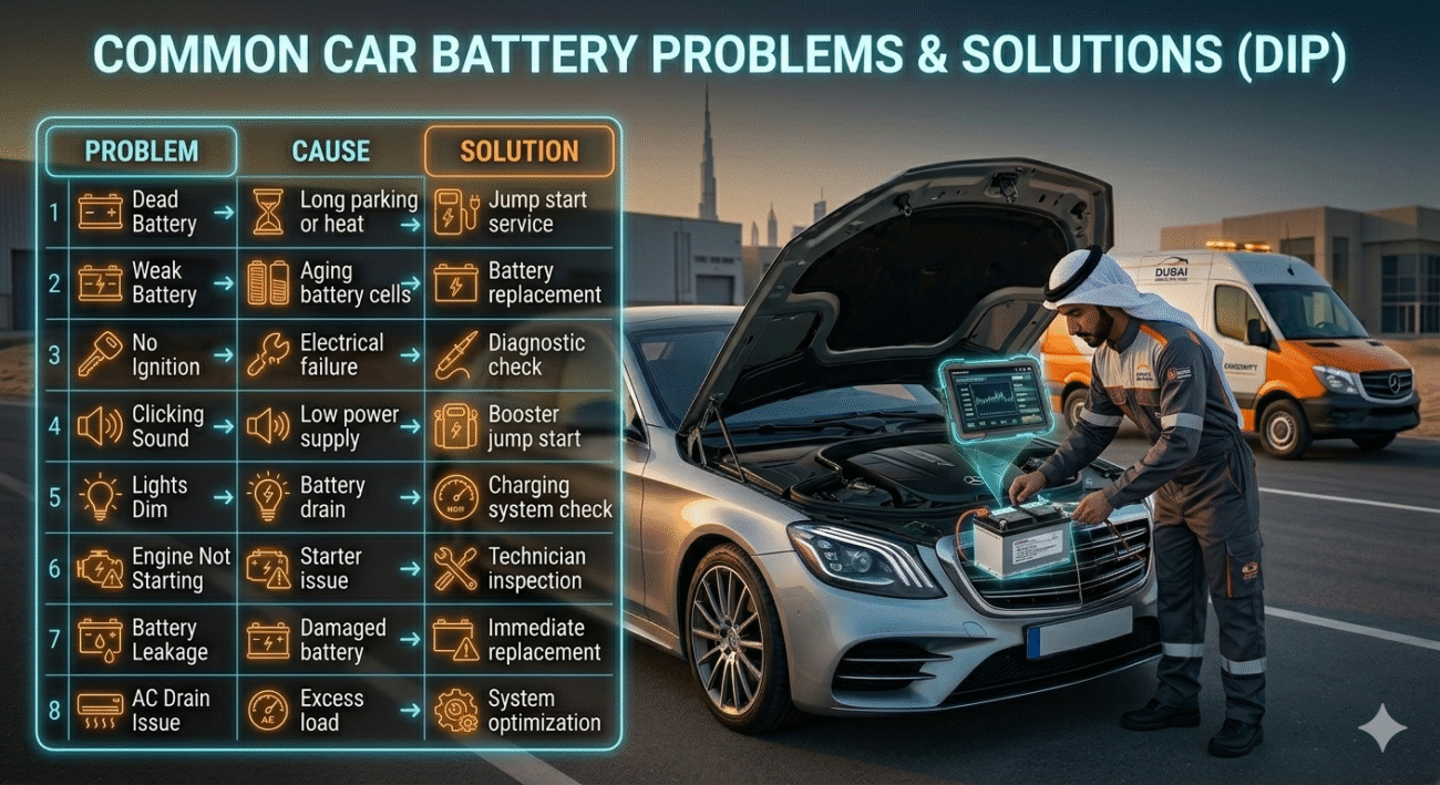 Infographic table showing common car battery problems and solutions in Dubai Investment Park with technician inspecting vehicle battery.