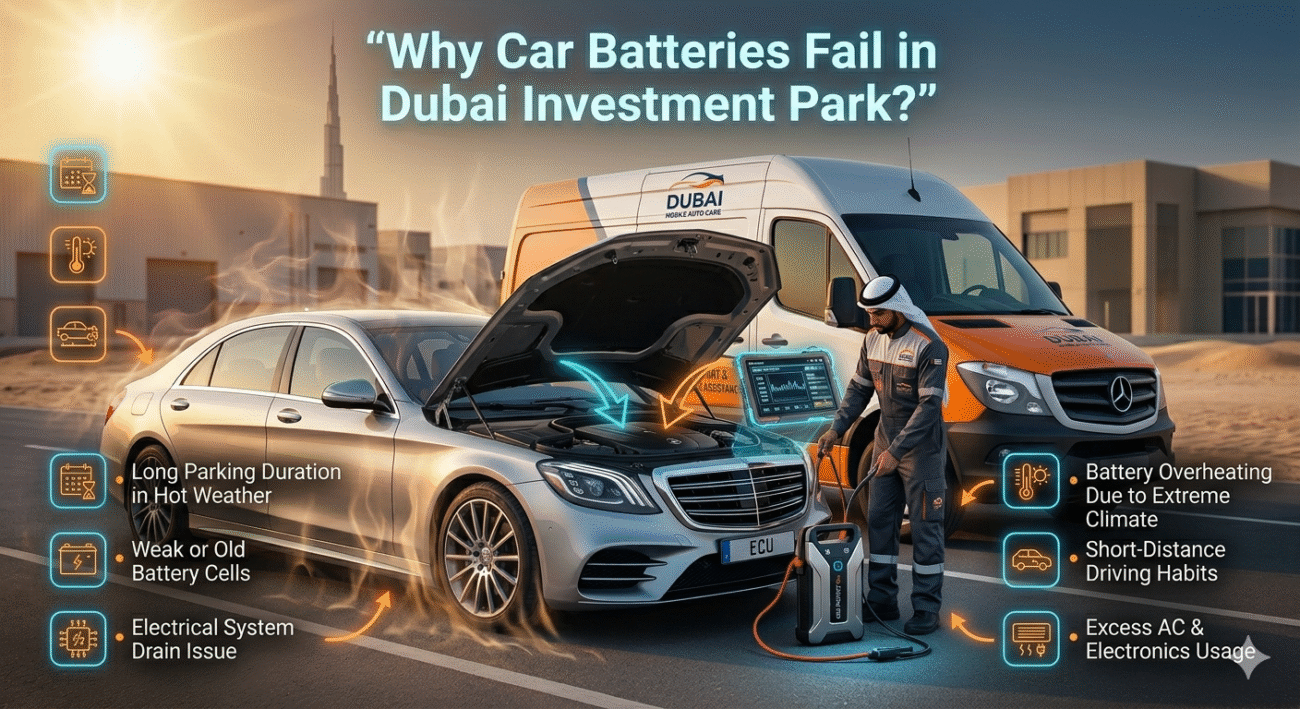 Infographic showing car battery failure causes in Dubai Investment Park with technician inspecting vehicle and listed reasons for battery drain and overheating.