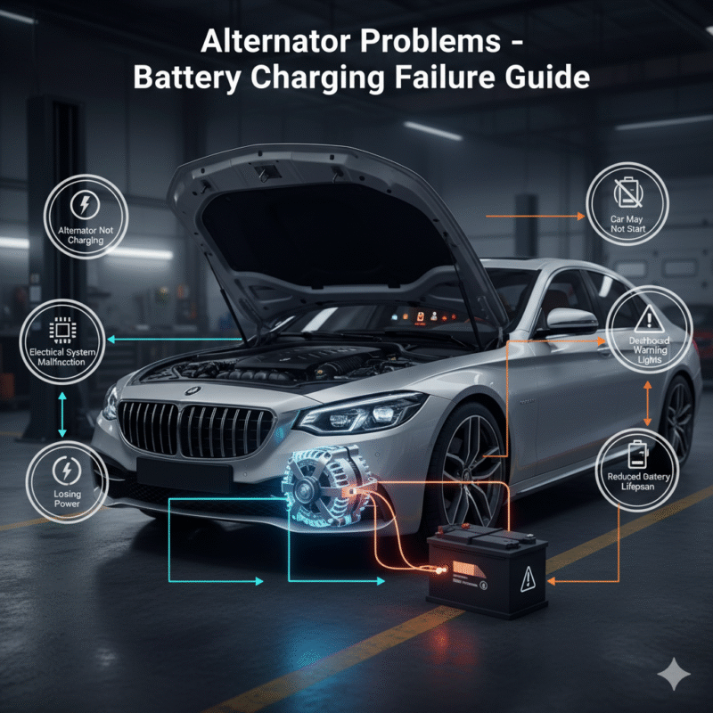 Car battery not charging due to alternator problems showing warning lights and battery drain