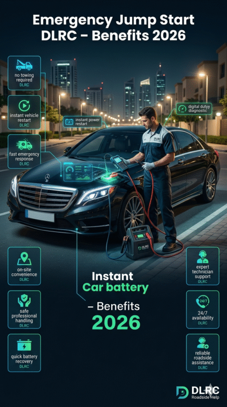 Mobile mechanic performing emergency car battery jump start in Dubai Land Residence Complex (DLRC) showing benefits of roadside assistance in a cinematic infographic layout.