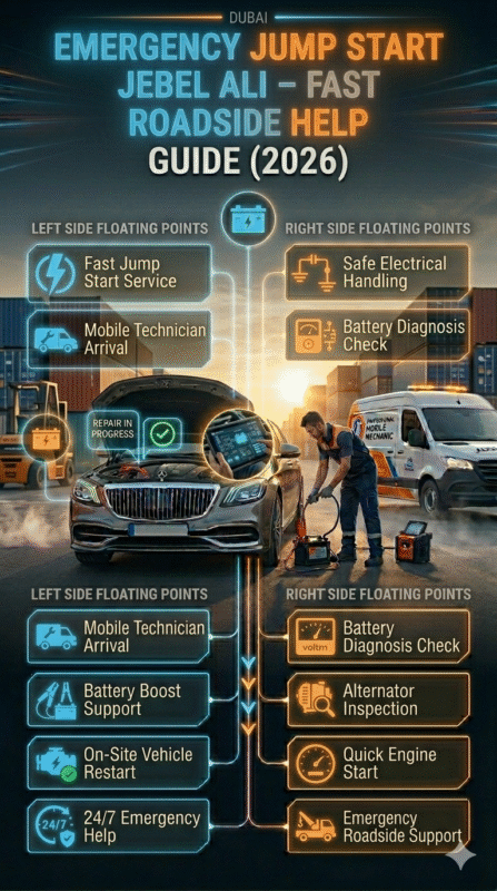 Infographic showing emergency jump start service in Jebel Ali with a luxury car, mobile mechanic performing battery boost, and structured roadside assistance points displayed on both sides.