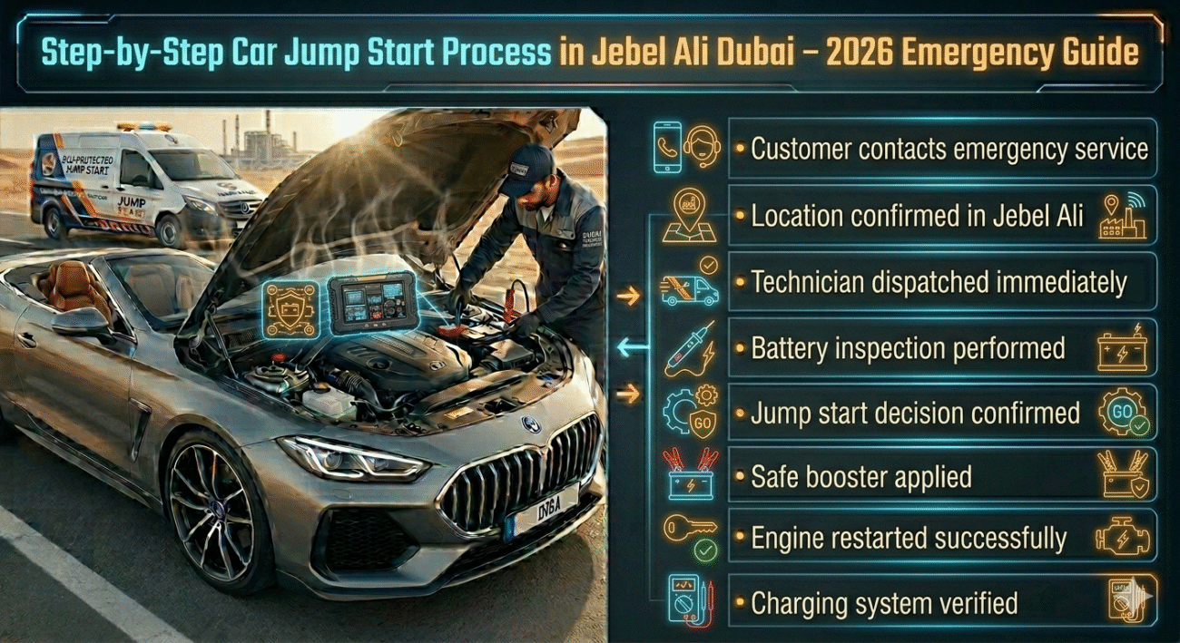 Infographic showing step-by-step car jump start process in Jebel Ali Dubai from customer call to engine restart and system verification.