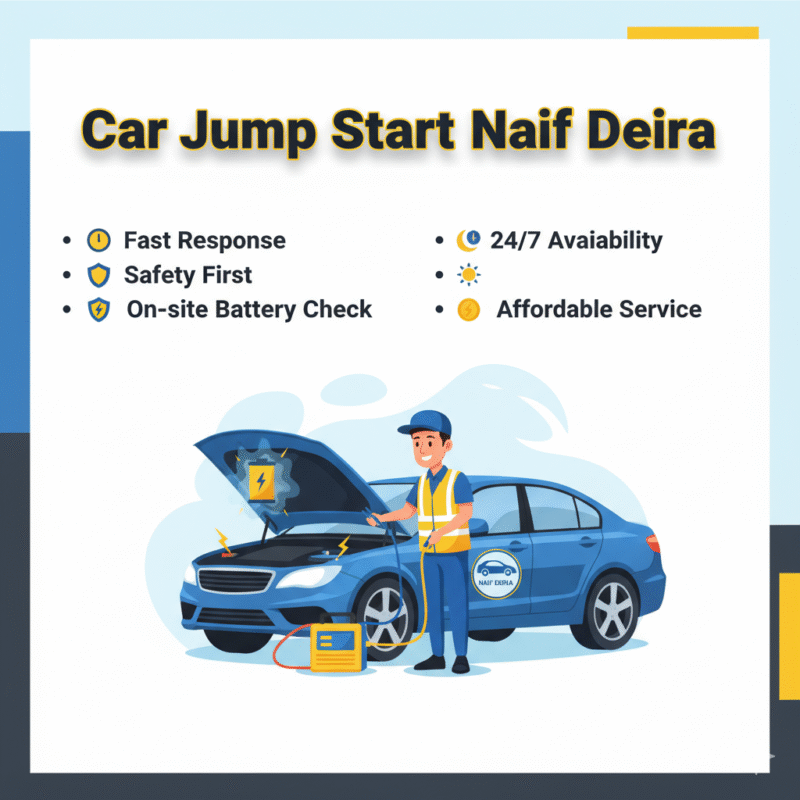 "User guide image for Car Jump Start Naif Deira showing a technician jump starting a car, with key service points displayed on both sides and brand logo visible."
