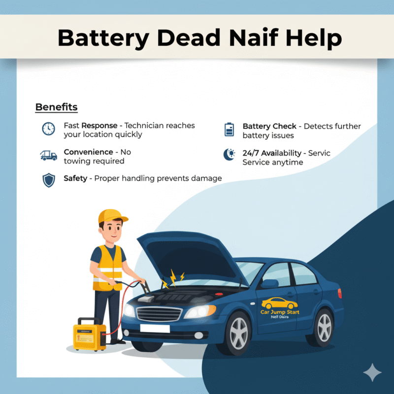 "User guide image for Battery Dead Naif Help showing a technician jump starting a car in the center with key service points listed on the sides and brand logo visible."