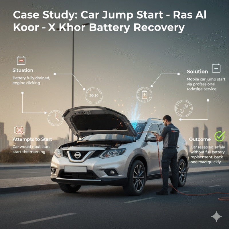 Nissan X-Trail in Ras Al Khor receiving professional mobile battery jump start with animated energy flow and icons showing fast roadside assistance.