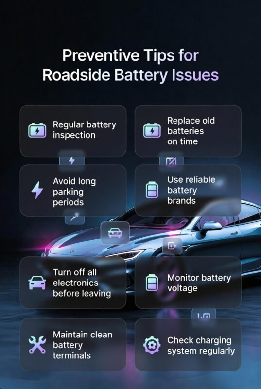 A modern preventive tips image showing roadside battery maintenance advice with a central car image and key tips displayed on both sides in a futuristic design.