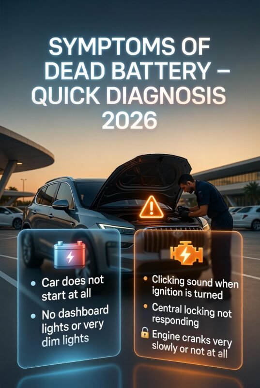 Infographic showing symptoms of dead car battery including no start, dim lights, clicking sound, central locking failure, and slow engine crank in a modern roadside assistance guide.