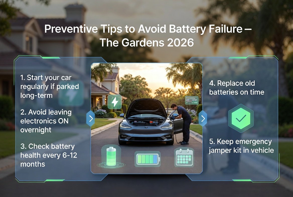 Roadside jump start The Gardens 2026 preventive tips infographic showing battery maintenance advice like regular starting, avoiding overnight drain, and battery checks.