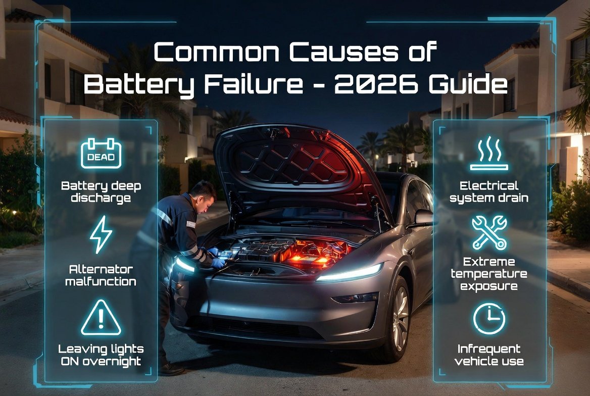 Car jump start Al Furjan Dubai 2026 infographic showing common causes of battery failure including deep discharge, heat exposure, and electrical drain issues.
