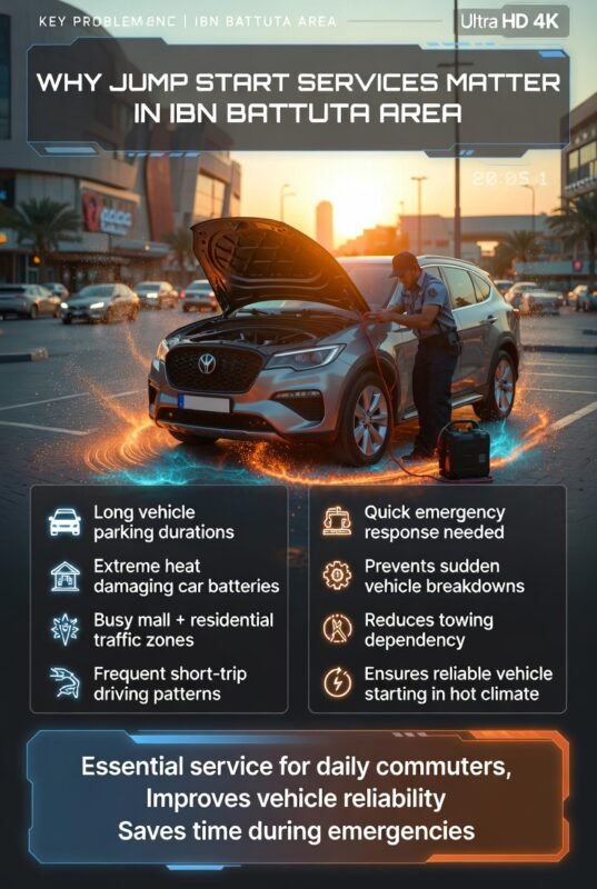 Infographic showing importance of car jump start services in Ibn Battuta Area with technician assisting vehicle battery in hot climate and urban traffic environment.