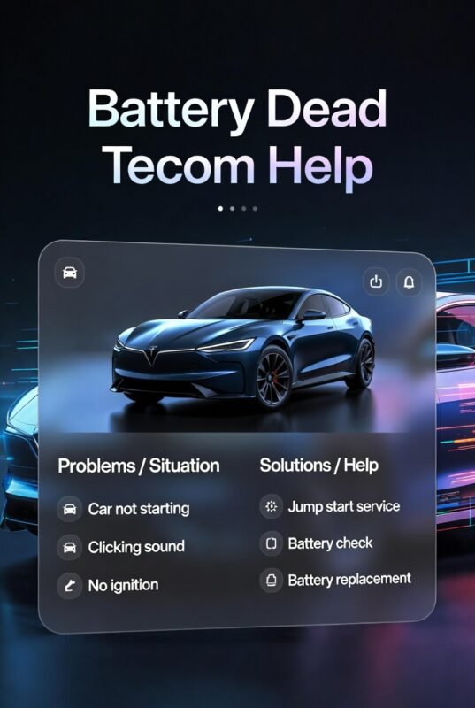 A modern user guide image showing battery dead help in Tecom with a central car image, problem and solution points on both sides, and a bold title at the top.