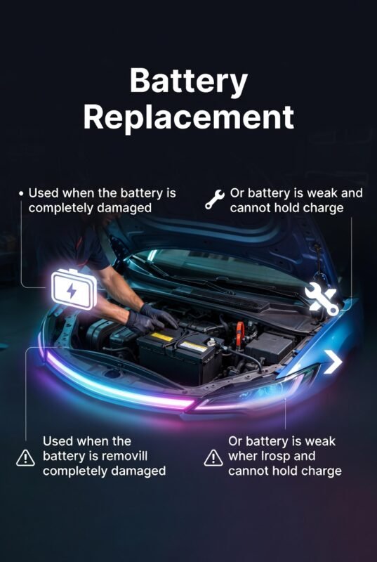 Visual guide showing battery replacement with a mechanic installing a new car battery in a clean automotive infographic layout.
