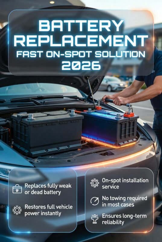 Infographic showing car battery replacement service where a technician installs a new battery, highlighting on-spot installation and full power restoration.