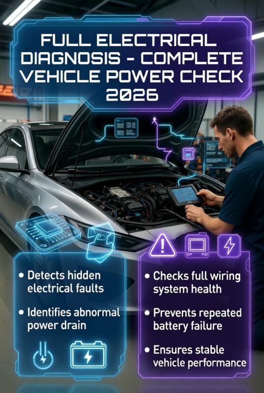 Infographic showing full electrical diagnosis process using advanced scanner to detect hidden power drain, wiring faults, and car electrical system issues.