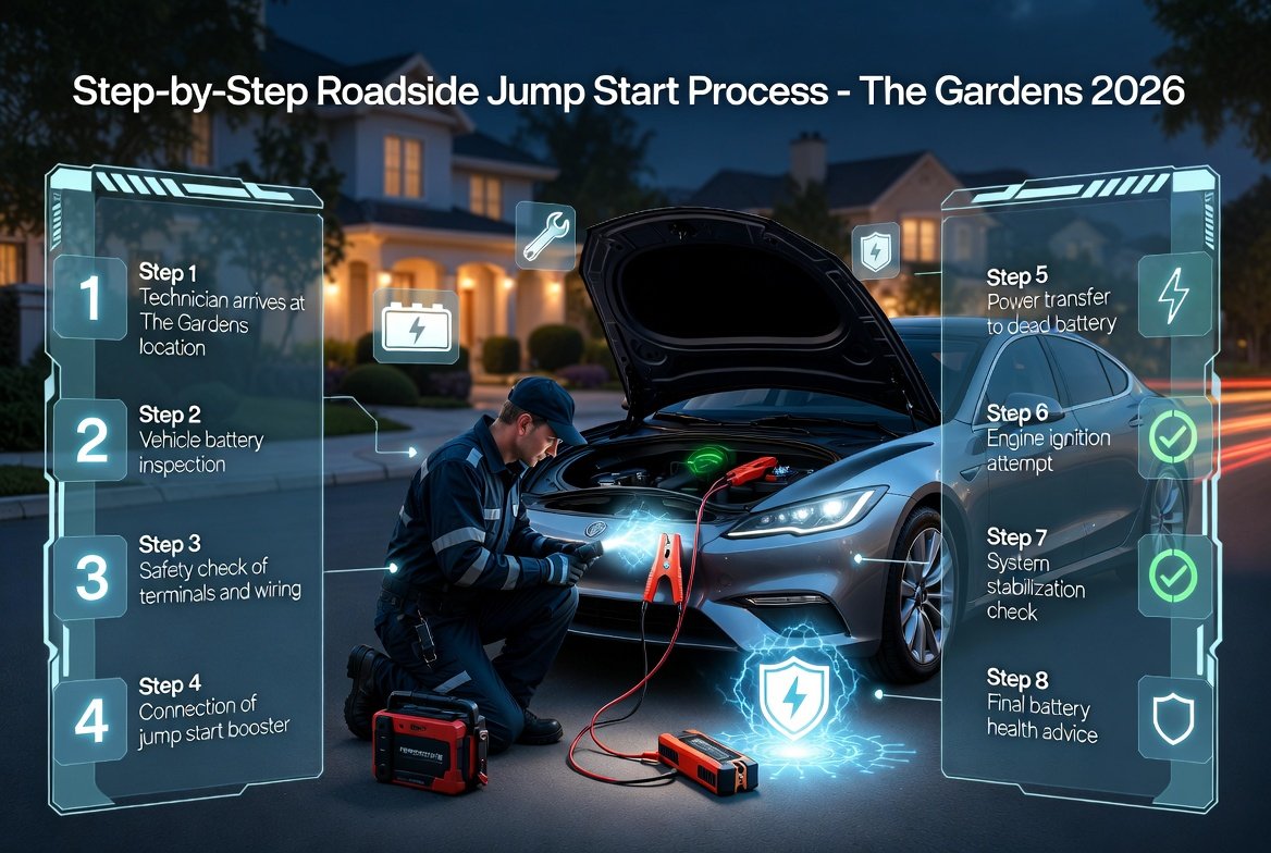 Step-by-step roadside jump start The Gardens 2026 infographic showing technician performing vehicle battery inspection, booster connection, and engine restart process.