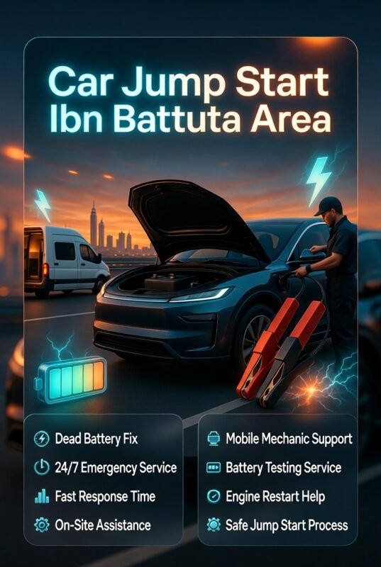 Car jump start service in Ibn Battuta area showing mobile roadside assistance technician restarting a dead car battery with professional equipment.