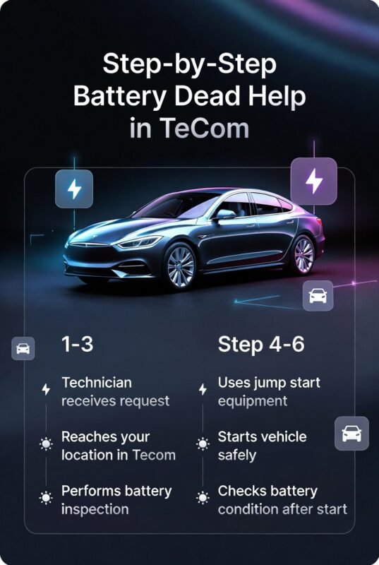 A modern step-by-step guide showing battery dead help process in Tecom with a central car image and sequential steps displayed on both sides in a futuristic design.