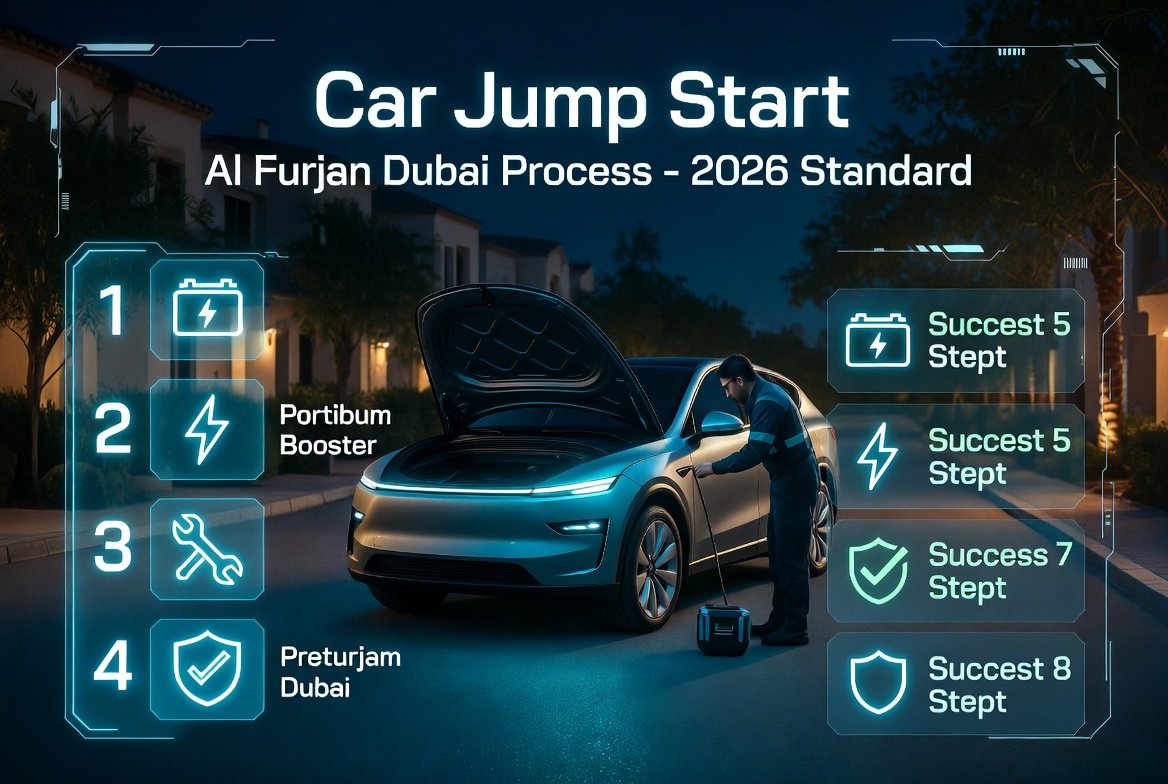 Car jump start Al Furjan Dubai 2026 infographic showing step-by-step process of technician inspecting battery, connecting booster, and restarting vehicle.