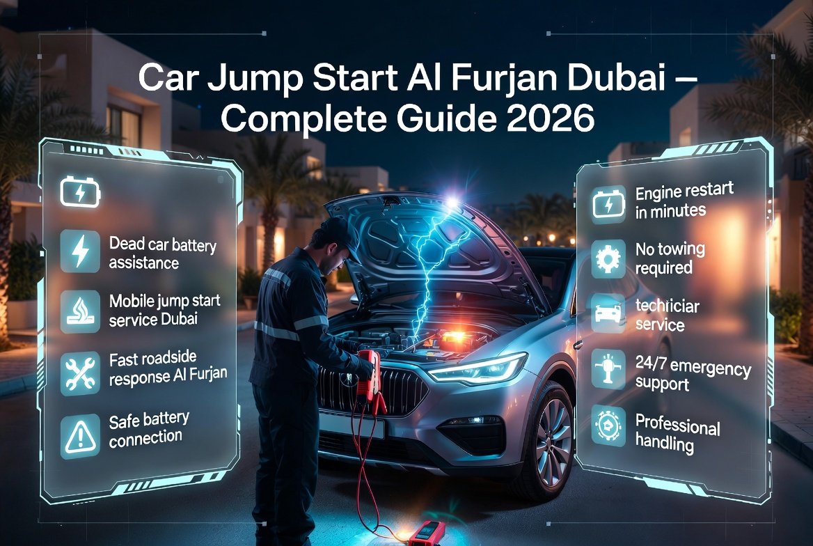 Car jump start Al Furjan Dubai 2026 infographic showing technician providing mobile battery boost service with emergency roadside assistance in residential area.