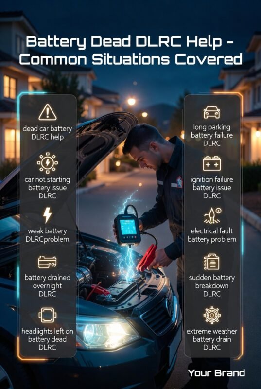 Mobile mechanic performing roadside battery diagnostic and jump start in Dubai Land Residence Complex (DLRC) showing common battery failure situations in infographic style on both sides.