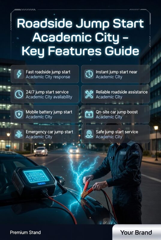 Professional roadside jump start service in Academic City showing a mobile mechanic using a booster device to start a car, with key service features displayed in animated infographic style on both sides.