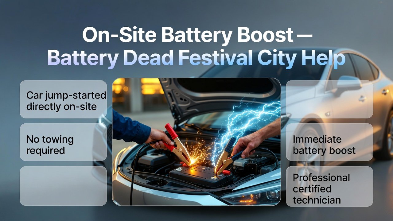 Technician performing an on-site car battery jump start in Festival City, Dubai with key benefits highlighted on sides