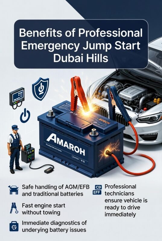 Infographic showing benefits of professional emergency jump start in Dubai Hills with side bullet points and central premium car battery with technician illustration.