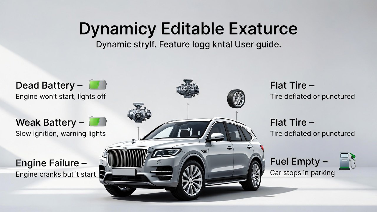 "User guide feature image showing editable title at top, key car problems and solutions as side points, and luxury SUV in animated infographic style in the center."