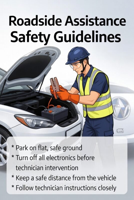 "Animated illustration showing a technician demonstrating Roadside Assistance safety guidelines, with the title on top and key safety steps on the sides."