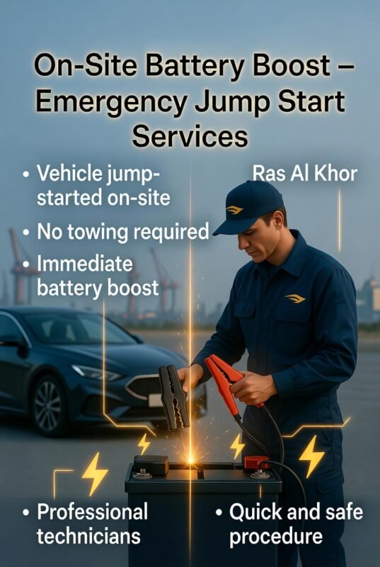 Technician performing on-site car battery jump start with key service benefits highlighted on both sides
