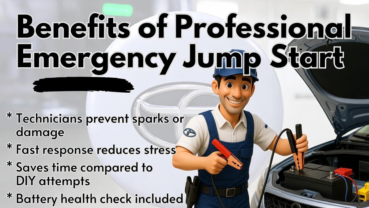 "Animated illustration showing a professional technician performing an Emergency Jump Start, with title on top and key benefits displayed on the sides."