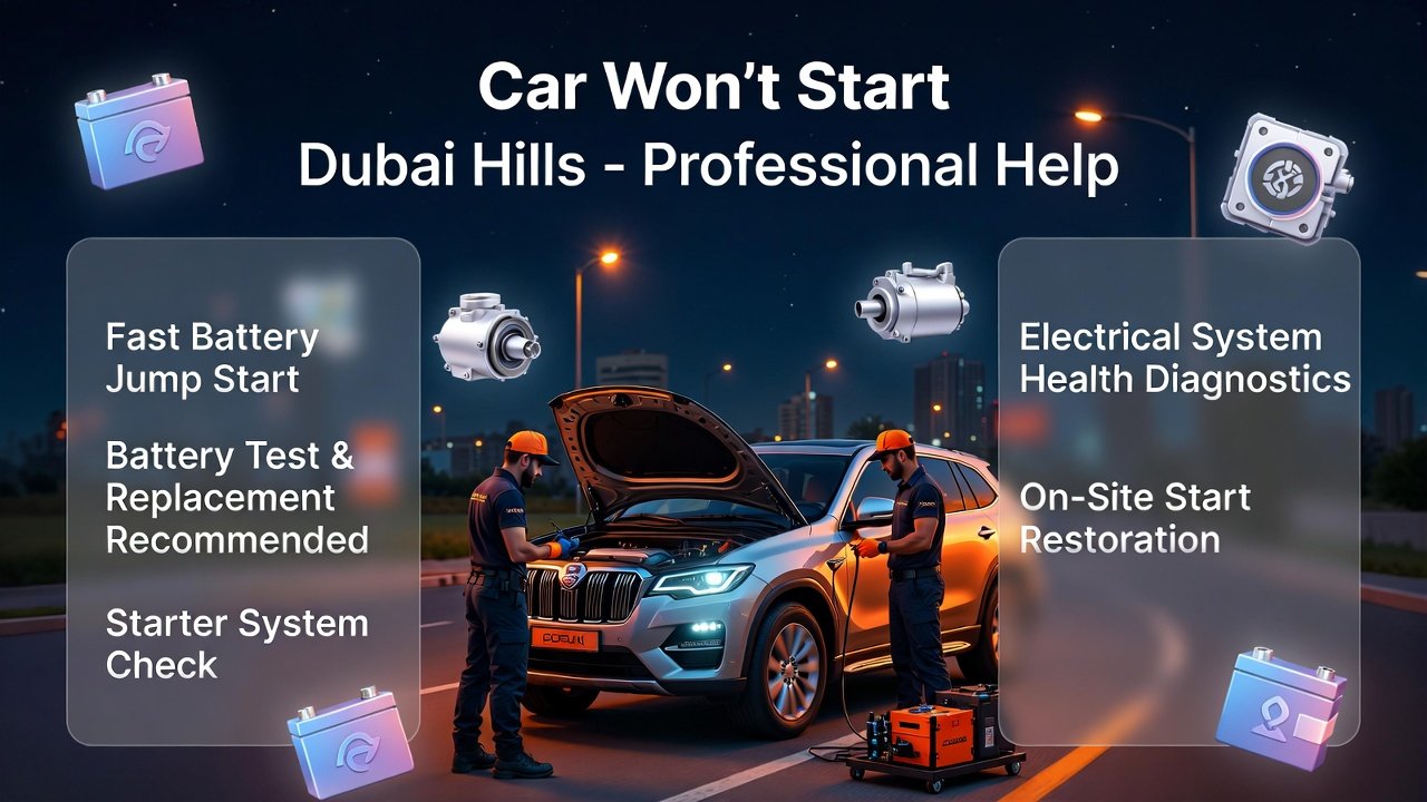 "Infographic showing Car Won’t Start Dubai Hills – Professional Help with title at top, key service bullet points along the sides, and animated-style roadside assistance team helping a luxury SUV at night in Dubai Hills with icons for battery, starter, diagnostics, and emergency support."