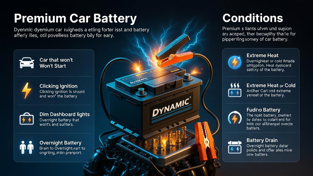 “Infographic-style animated illustration showing common situations requiring emergency jump start Oud Metha, with title at the top, key points on sides, and premium battery in the center.”