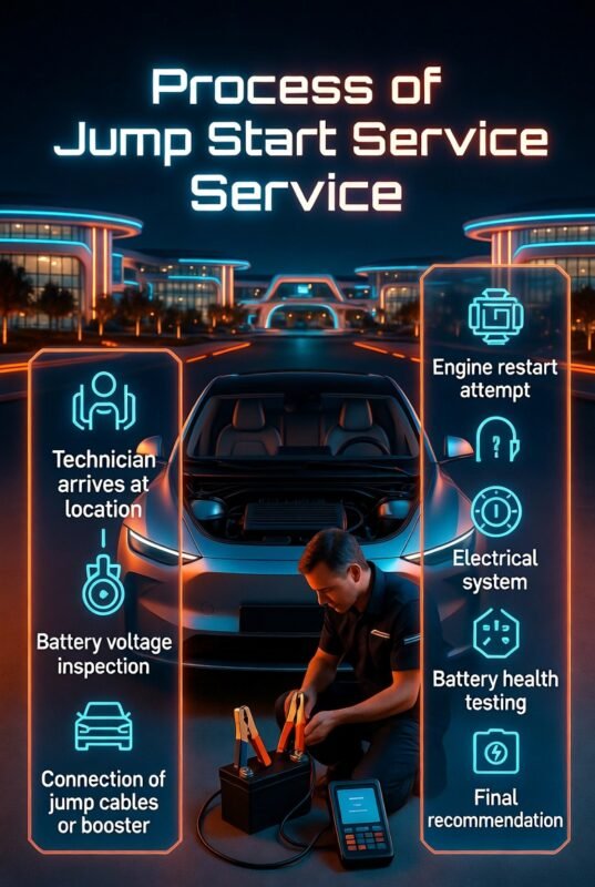 Infographic showing jump start service process in Academic City Dubai including technician steps from arrival to final recommendation.